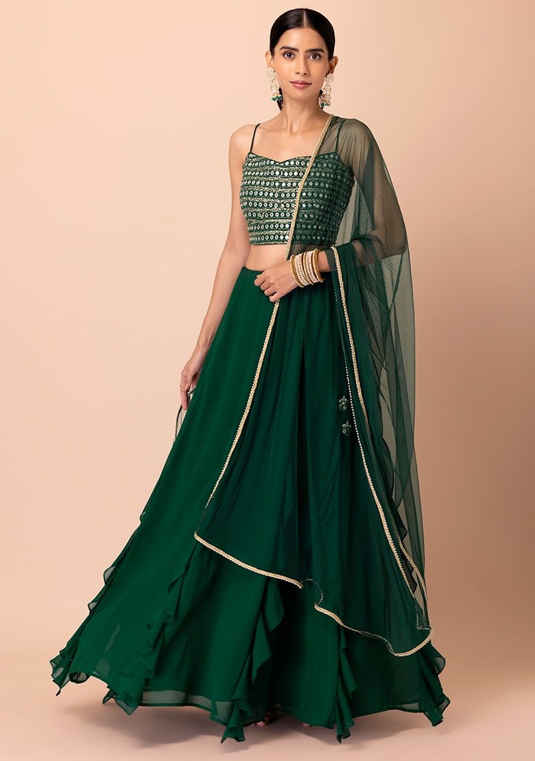 Embellished Sequinned Semi-Stitched Lehenga & Unstitched Blouse With Dupatta- Green