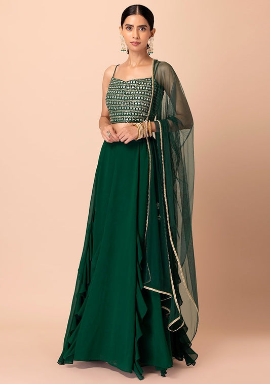 Embellished Sequinned Semi-Stitched Lehenga & Unstitched Blouse With Dupatta- Green