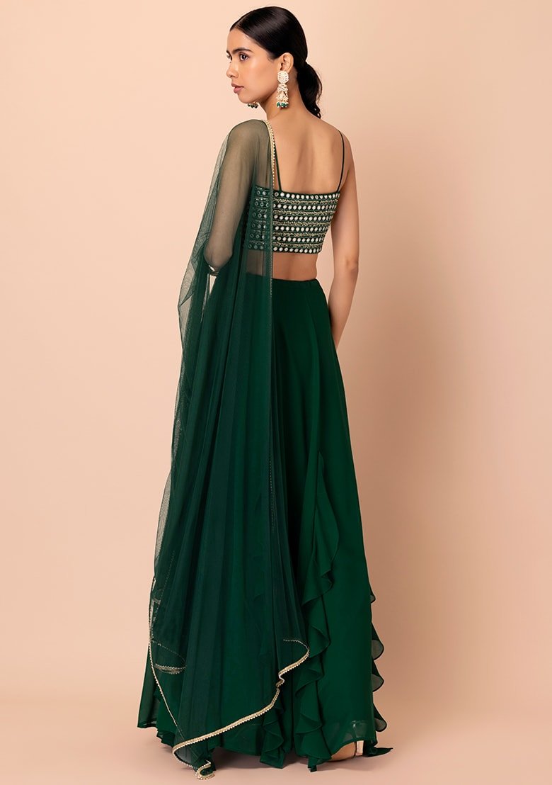 Embellished Sequinned Semi-Stitched Lehenga & Unstitched Blouse With Dupatta- Green