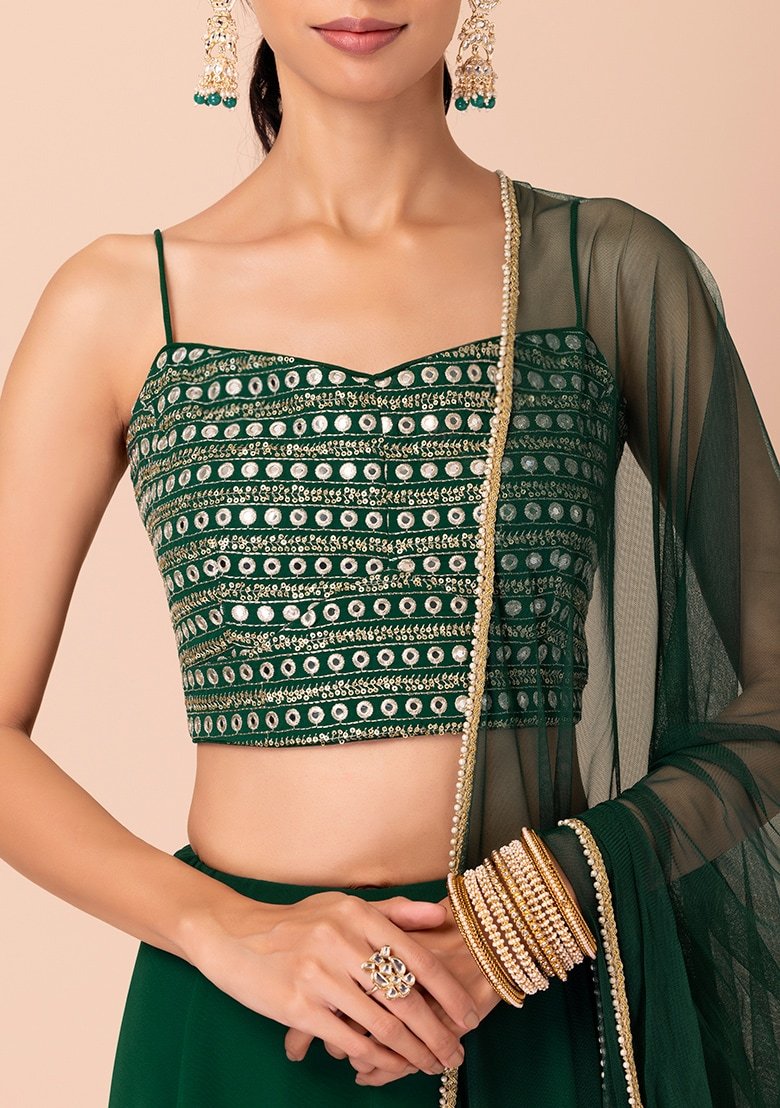 Embellished Sequinned Semi-Stitched Lehenga & Unstitched Blouse With Dupatta- Green