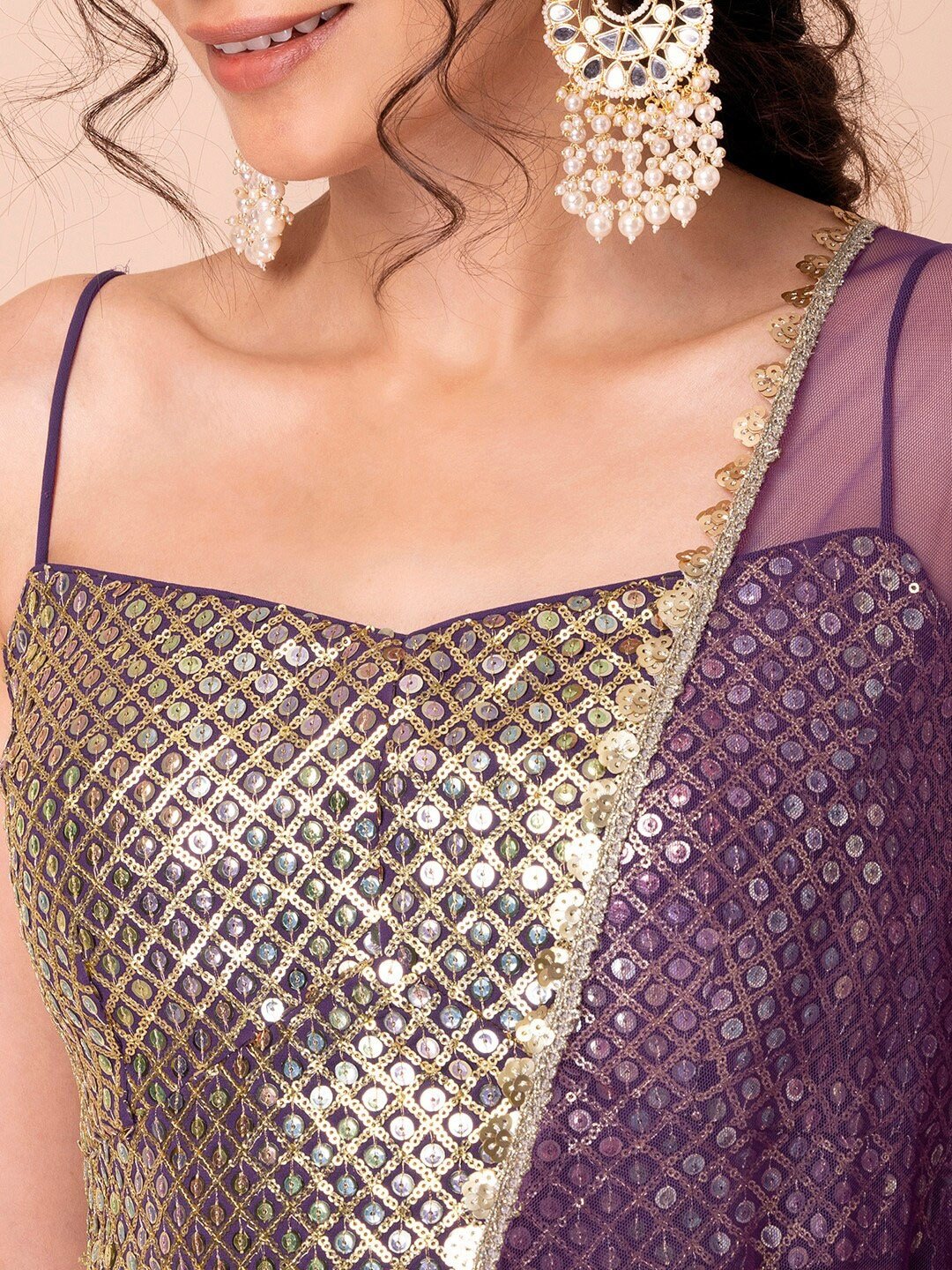 Embellished Sequinned Semi-Stitched Lehenga & Unstitched Blouse With Dupatta-Purple