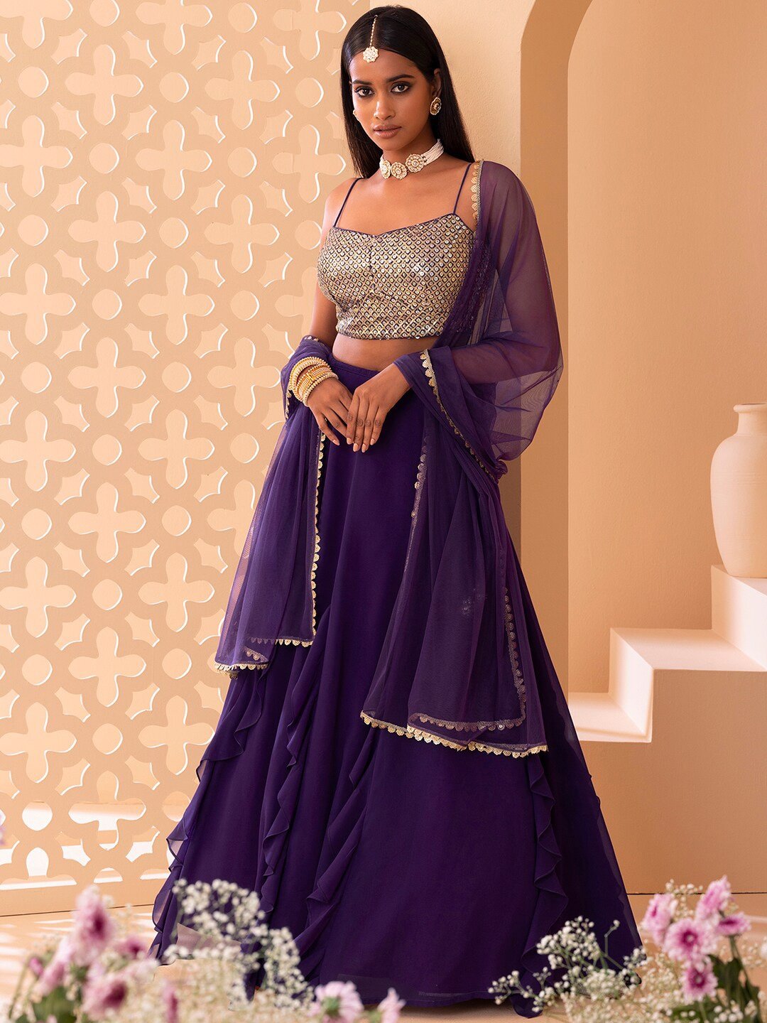 Embellished Sequinned Semi-Stitched Lehenga & Unstitched Blouse With Dupatta-Purple