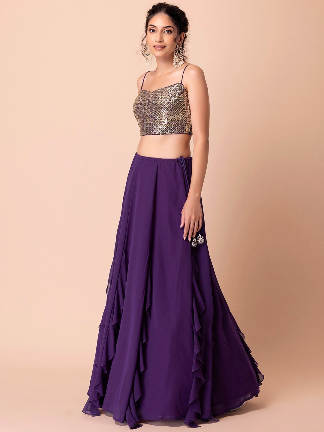 Embellished Sequinned Semi-Stitched Lehenga & Unstitched Blouse With Dupatta-Purple