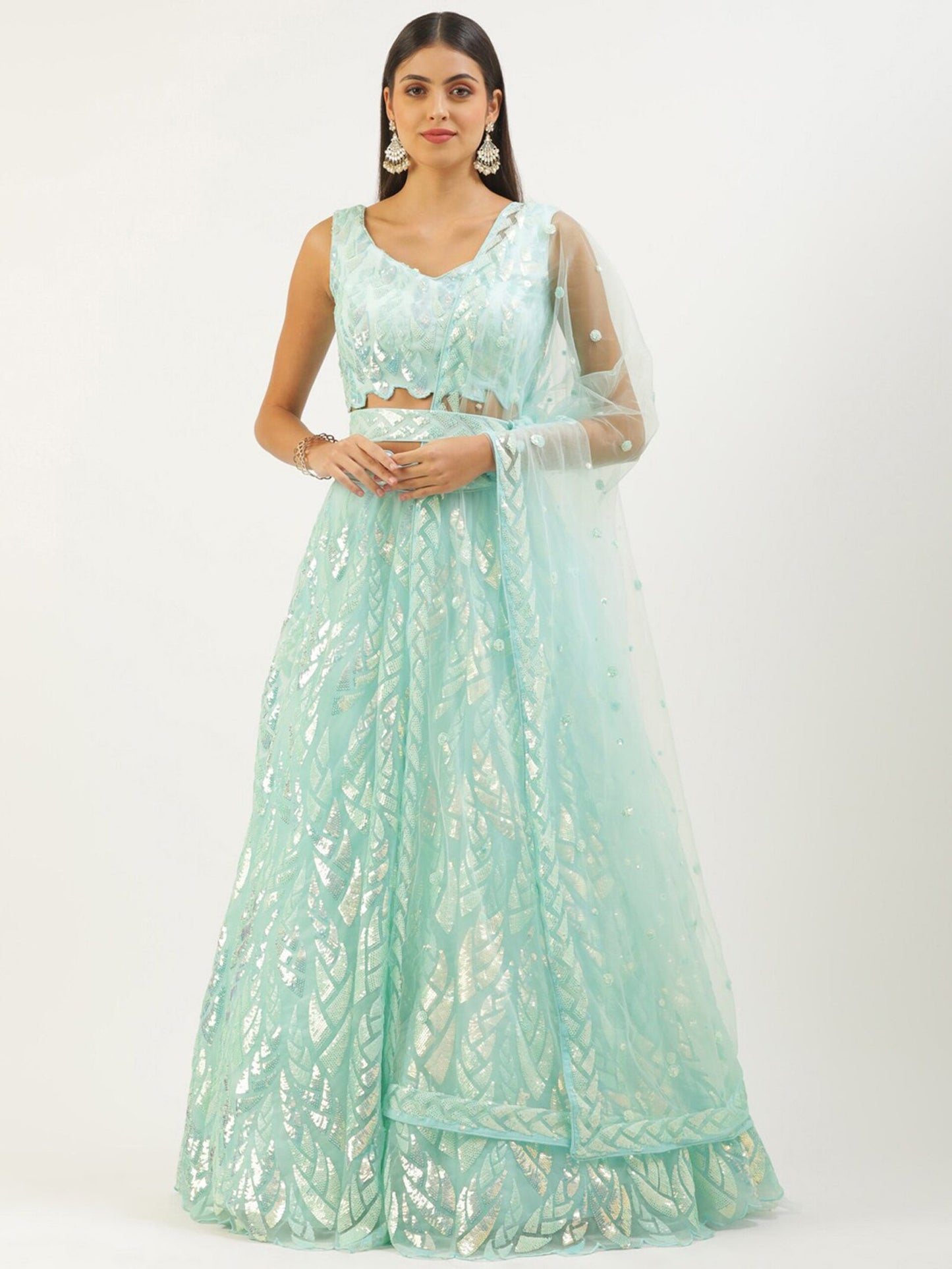 Embroidered Sequinned Semi-Stitched Lehenga and Unstitched Blouse With Dupatta - Blue