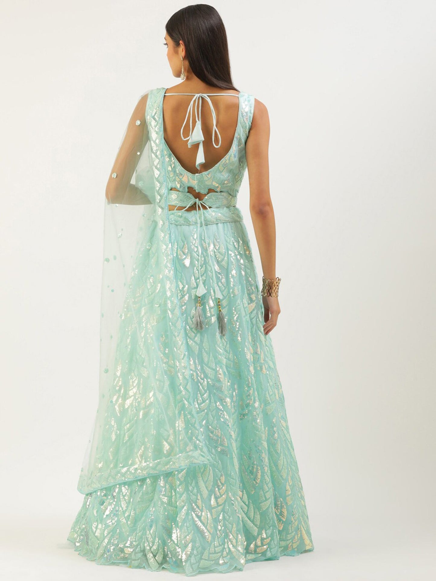 Embroidered Sequinned Semi-Stitched Lehenga and Unstitched Blouse With Dupatta - Blue
