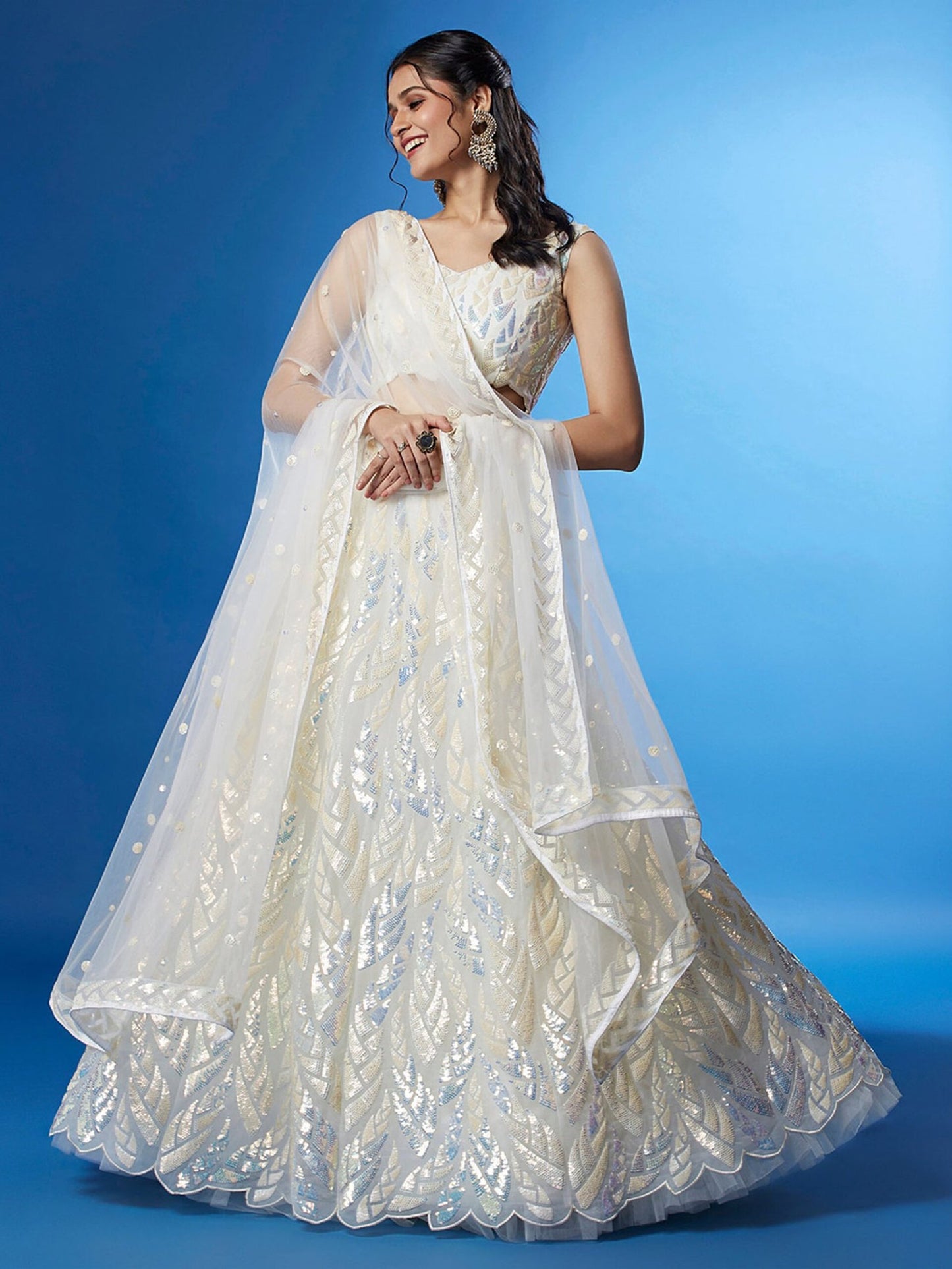 Embroidered Sequinned Semi-Stitched Lehenga and Unstitched Blouse With Dupatta - White