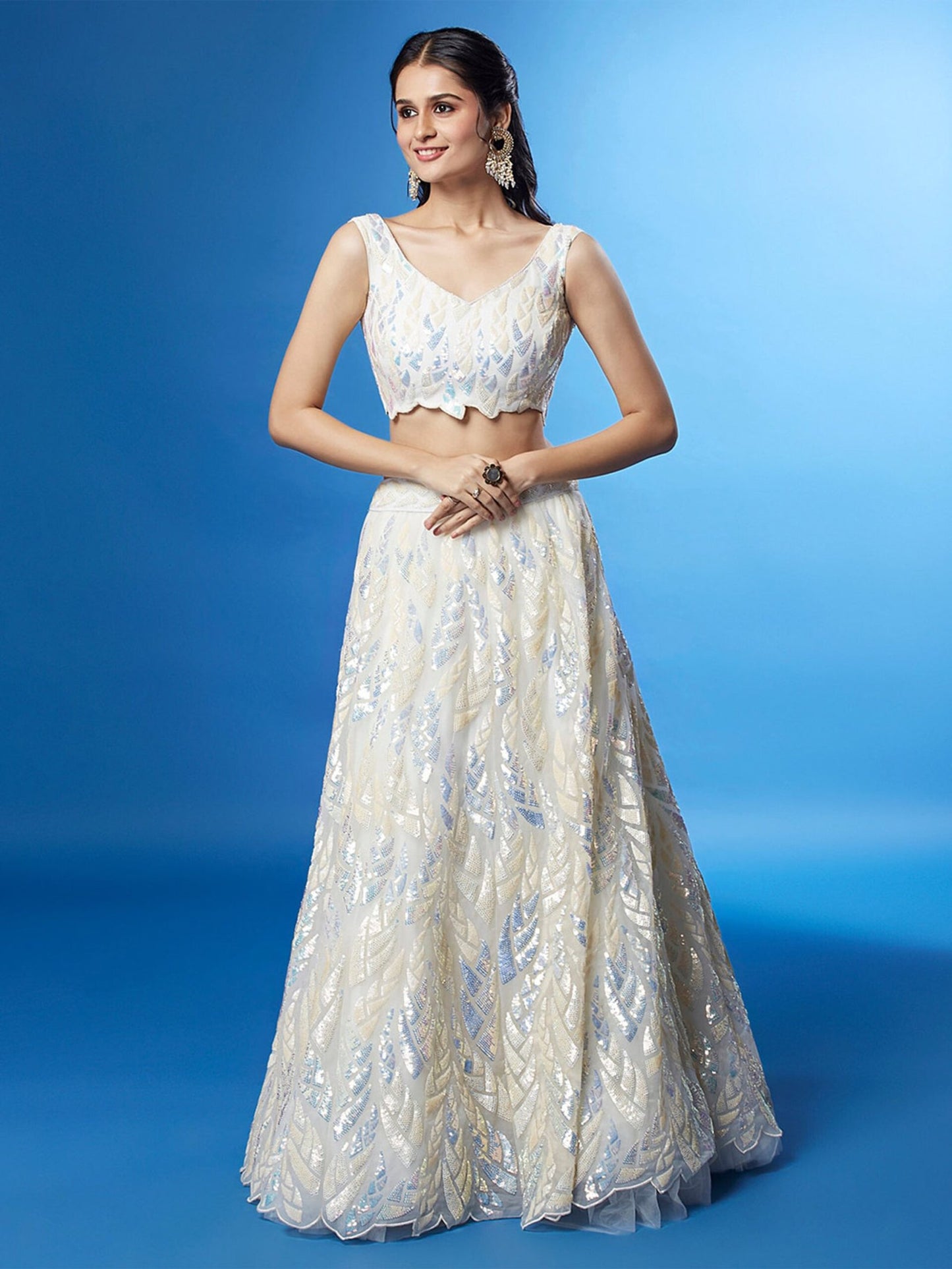 Embroidered Sequinned Semi-Stitched Lehenga and Unstitched Blouse With Dupatta - White