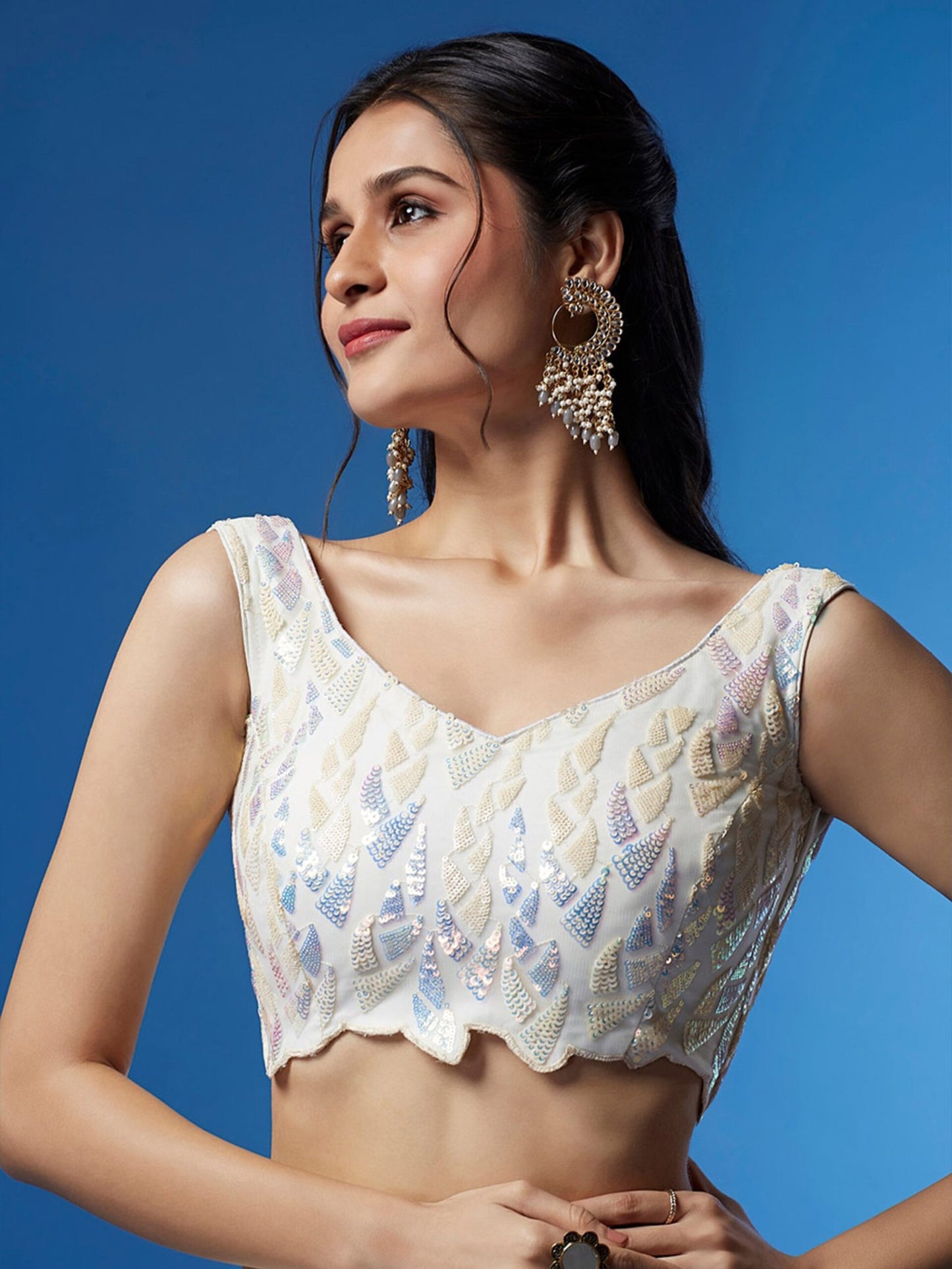 Embroidered Sequinned Semi-Stitched Lehenga and Unstitched Blouse With Dupatta - White