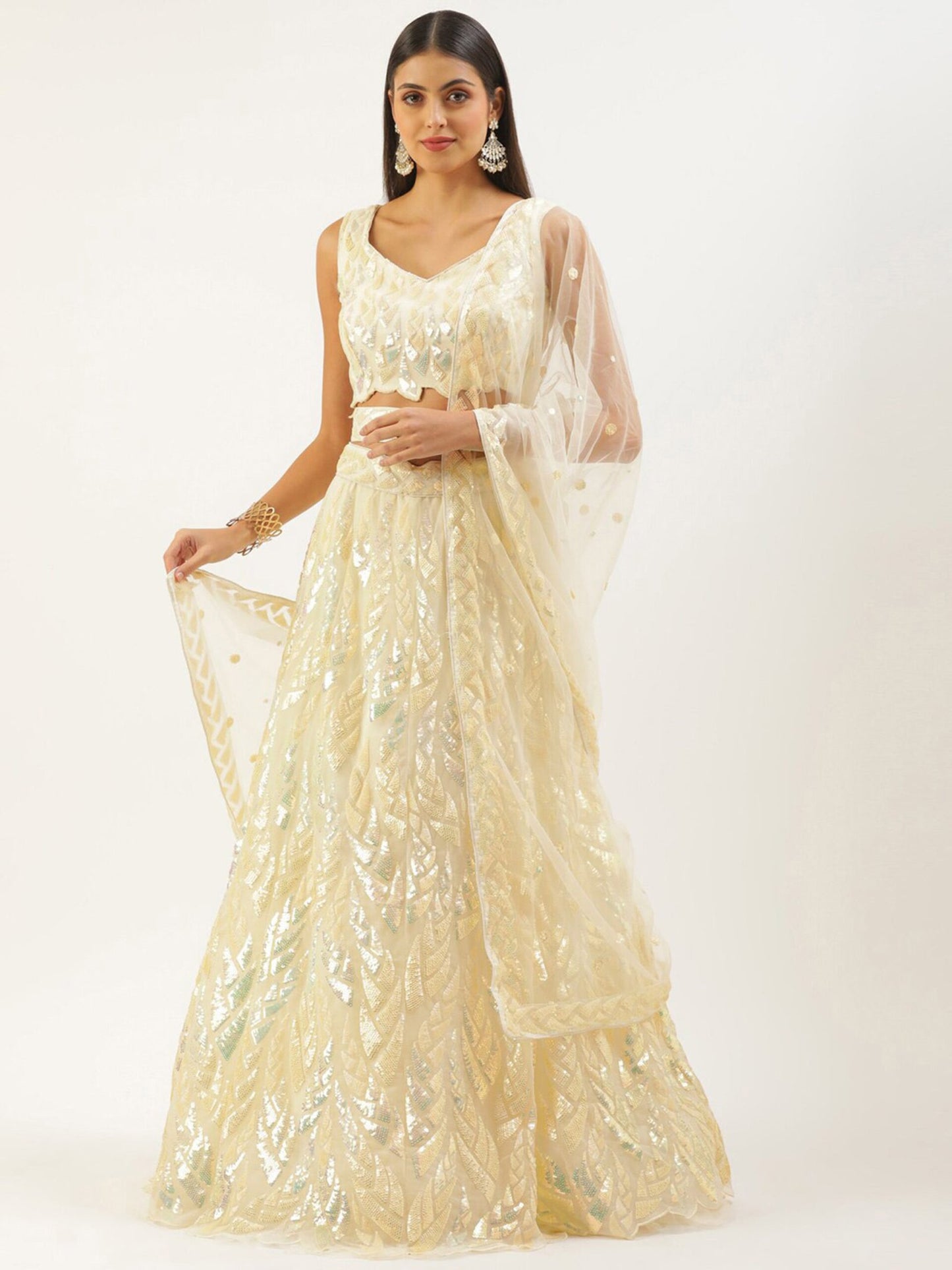 Embroidered Sequinned Semi-Stitched Lehenga and Unstitched Blouse With Dupatta - Beige