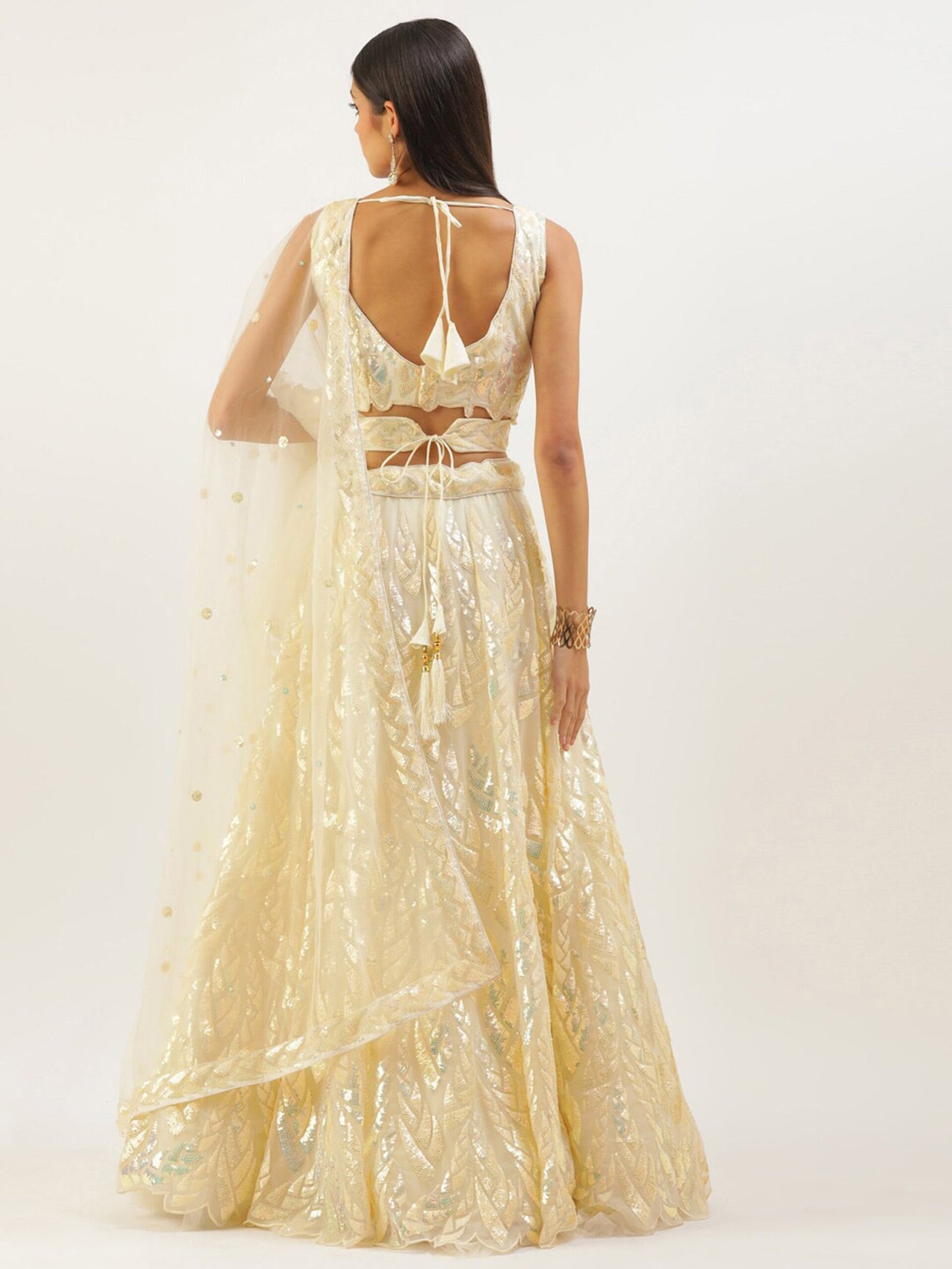 Embroidered Sequinned Semi-Stitched Lehenga and Unstitched Blouse With Dupatta - Beige