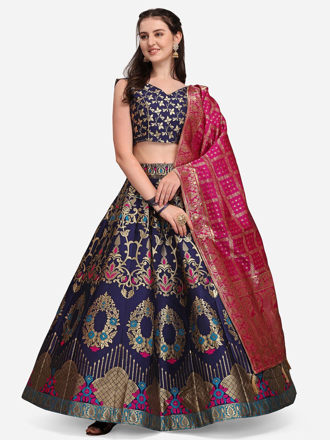 Ready to Wear Lehenga & Unstitched Blouse With Dupatta - Navy & Pink