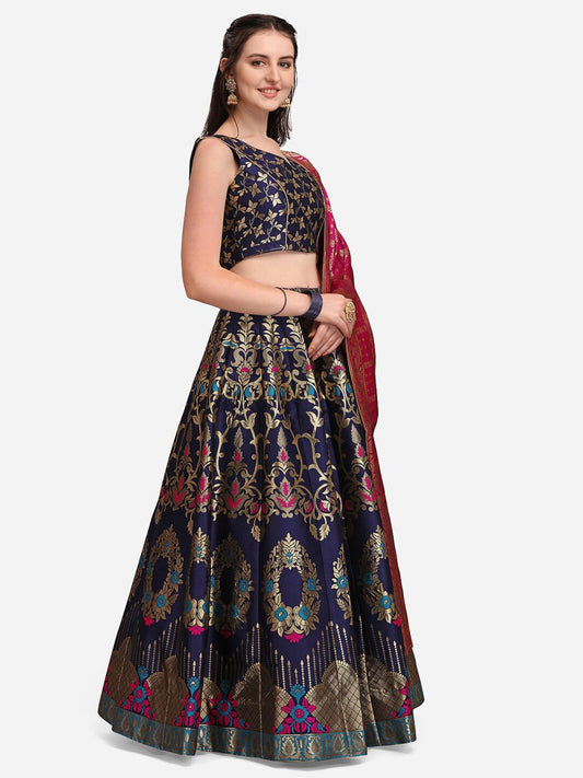 Ready to Wear Lehenga & Unstitched Blouse With Dupatta - Navy & Pink