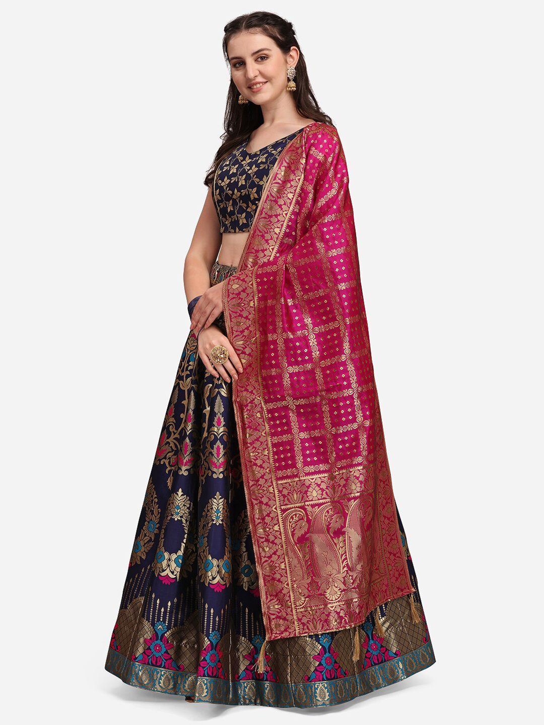 Ready to Wear Lehenga & Unstitched Blouse With Dupatta - Navy & Pink
