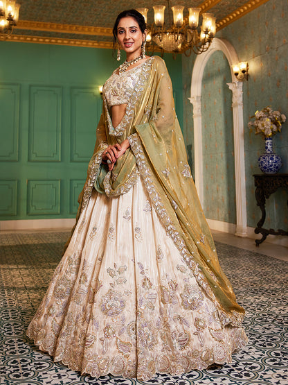 Tissue Fabric with Sequins & Thread Embroidery Semi-Stitched Lehenga Choli & Dupatta - Green/Orange/Purple