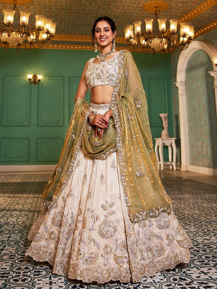 Tissue Fabric with Sequins & Thread Embroidery Semi-Stitched Lehenga Choli & Dupatta - Green/Orange/Purple