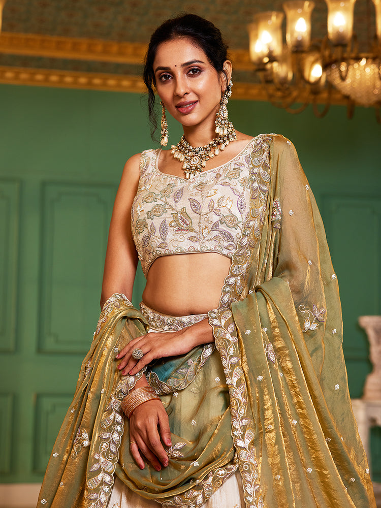 Tissue Fabric with Sequins & Thread Embroidery Semi-Stitched Lehenga Choli & Dupatta - Green/Orange/Purple