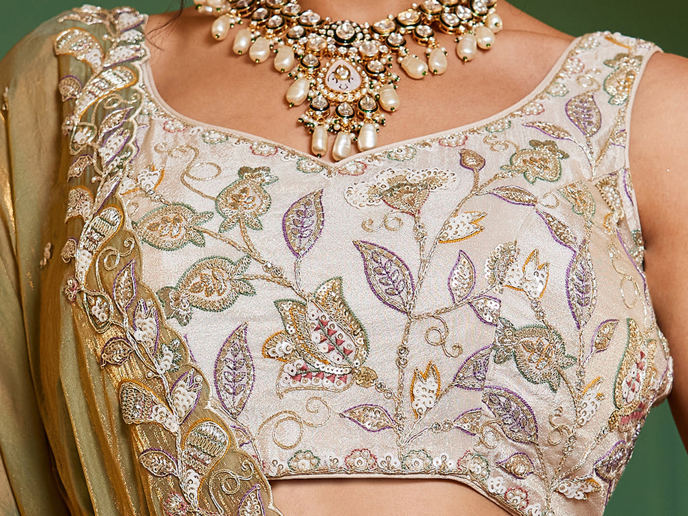 Tissue Fabric with Sequins & Thread Embroidery Semi-Stitched Lehenga Choli & Dupatta - Green/Orange/Purple
