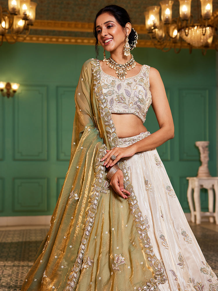 Tissue Fabric with Sequins & Thread Embroidery Semi-Stitched Lehenga Choli & Dupatta - Green/Orange/Purple