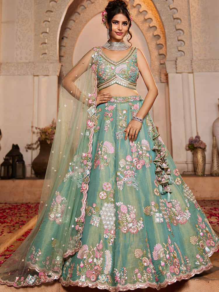 SEAGREEN - Net Fabric Sequinse embroidery Semi-Stitched Lehenga choli & Dupatta