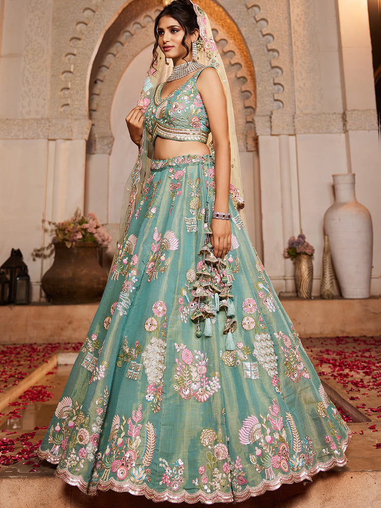 SEAGREEN - Net Fabric Sequinse embroidery Semi-Stitched Lehenga choli & Dupatta