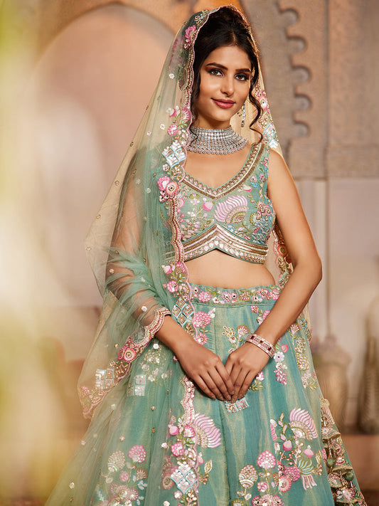 SEAGREEN - Net Fabric Sequinse embroidery Semi-Stitched Lehenga choli & Dupatta