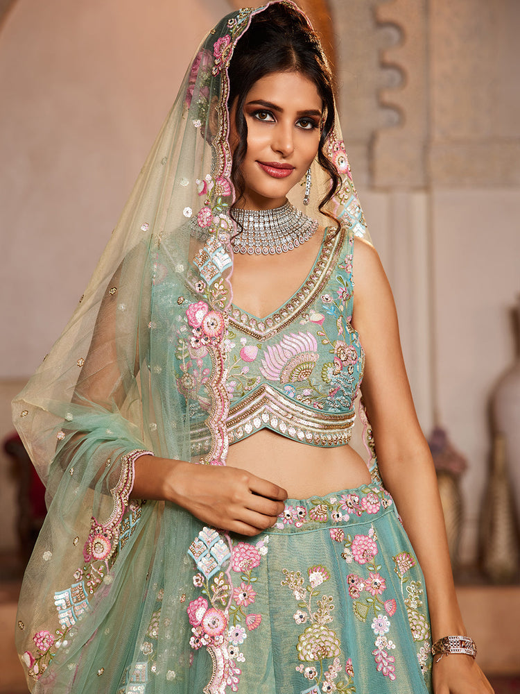 SEAGREEN - Net Fabric Sequinse embroidery Semi-Stitched Lehenga choli & Dupatta