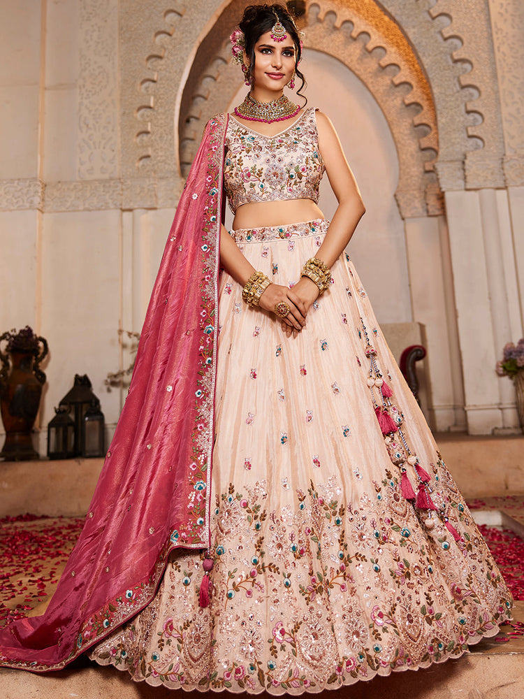 PINK - Tissue Fabric Sequinse embroidery Semi-Stitched Lehenga choli & Dupatta