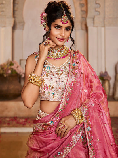 PINK - Tissue Fabric Sequinse embroidery Semi-Stitched Lehenga choli & Dupatta