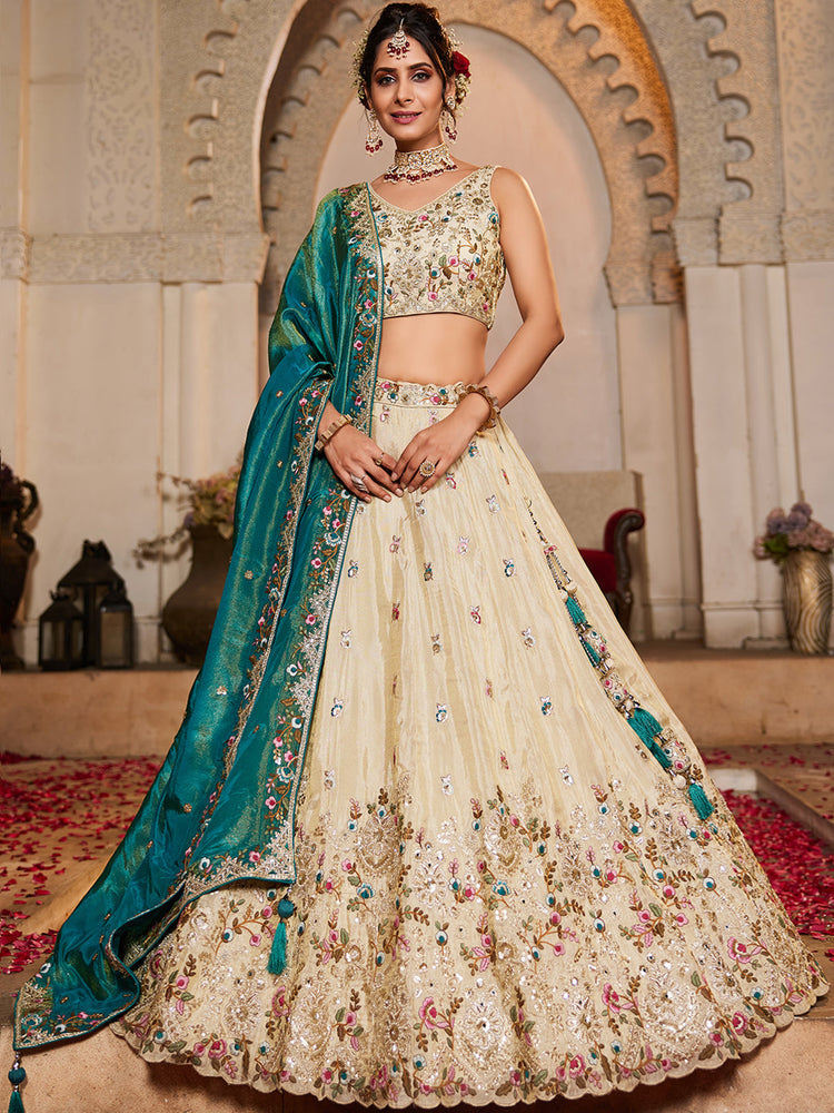 TEAL - Tissue Fabric Sequinse embroidery Semi-Stitched Lehenga choli & Dupatta