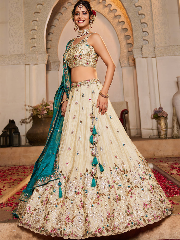 TEAL - Tissue Fabric Sequinse embroidery Semi-Stitched Lehenga choli & Dupatta