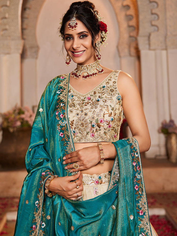 TEAL - Tissue Fabric Sequinse embroidery Semi-Stitched Lehenga choli & Dupatta