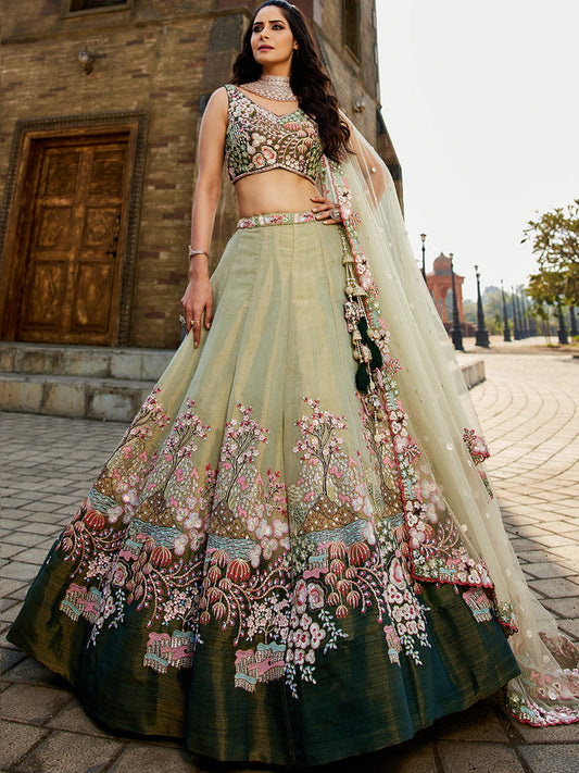 GREEN - Net Sequence Embroidery Semi-Stitched Lehenga choli & Dupatta