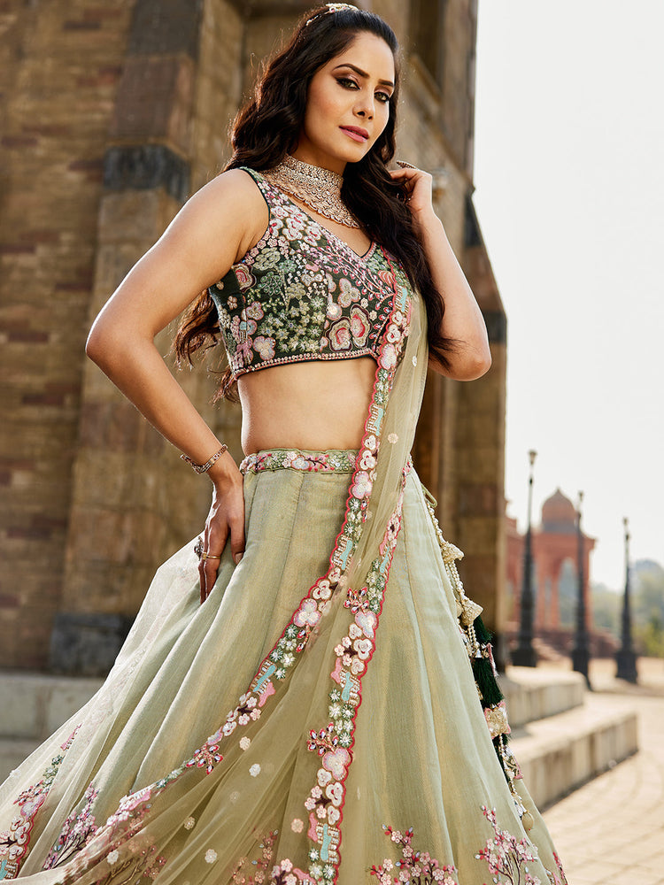 GREEN - Net Sequence Embroidery Semi-Stitched Lehenga choli & Dupatta