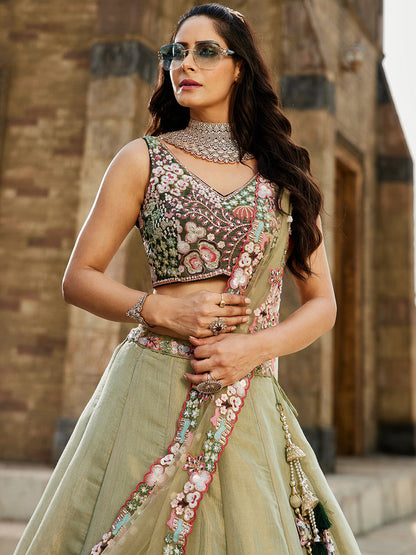 GREEN - Net Sequence Embroidery Semi-Stitched Lehenga choli & Dupatta