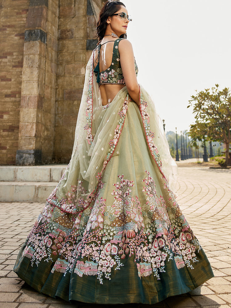 GREEN - Net Sequence Embroidery Semi-Stitched Lehenga choli & Dupatta