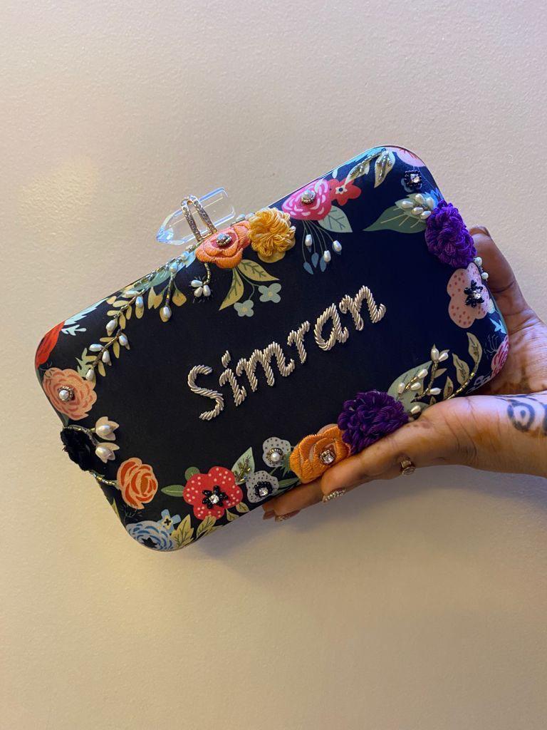 Customised Floral Embroidered Clutch with Transparent Knob - Blacks