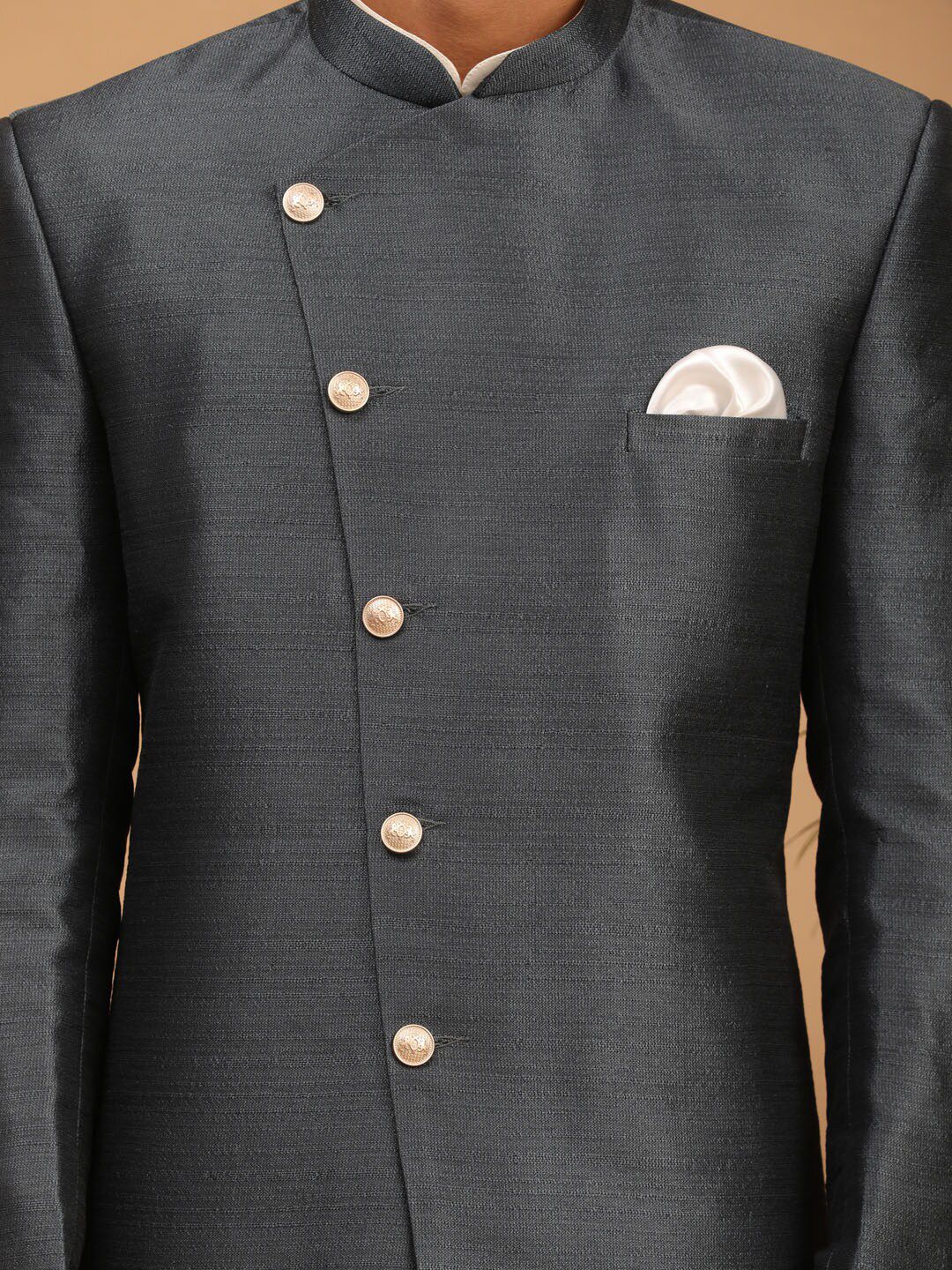 Men Grey Solid Silk Sherwani Jacket