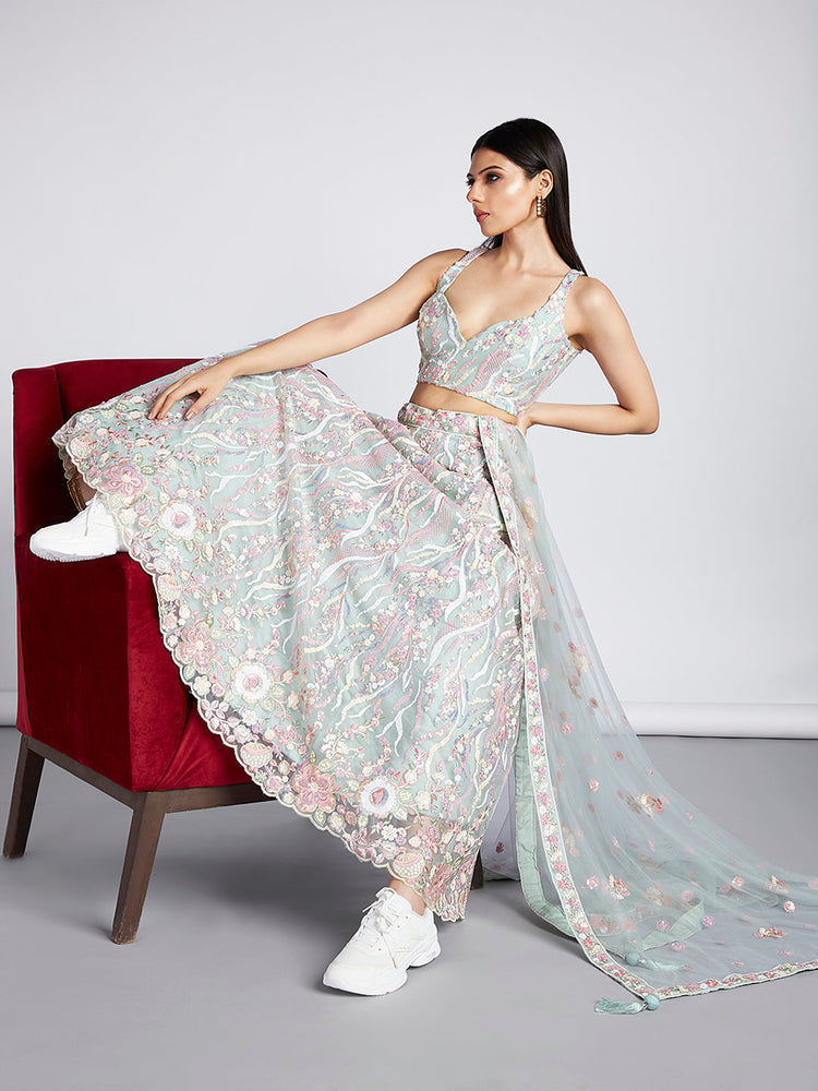 Lime Green Net Sequins and thread embroidery Semi-Stitched Lehenga choli Dupatta