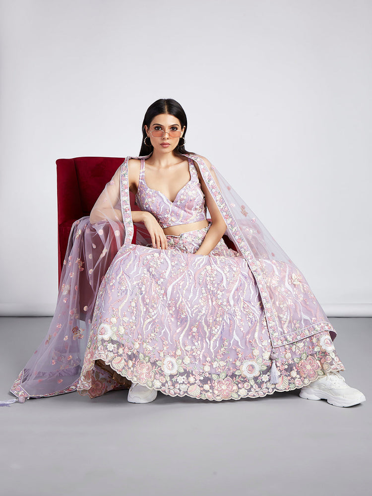 Lavender Net Sequins and thread embroidery Semi-Stitched Lehenga choli & Dupatta