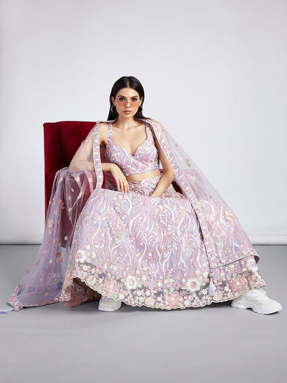 Lavender Net Sequins and thread embroidery Semi-Stitched Lehenga choli & Dupatta