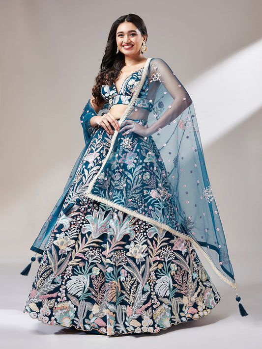 Navy Blue - Net Multi-Sequins Work Semi-Stitched Lehenga