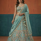 Seagreen - Chinon Sequins, Moti, Mirror and Thread Embroidered Semi-Stitched Lehenga
