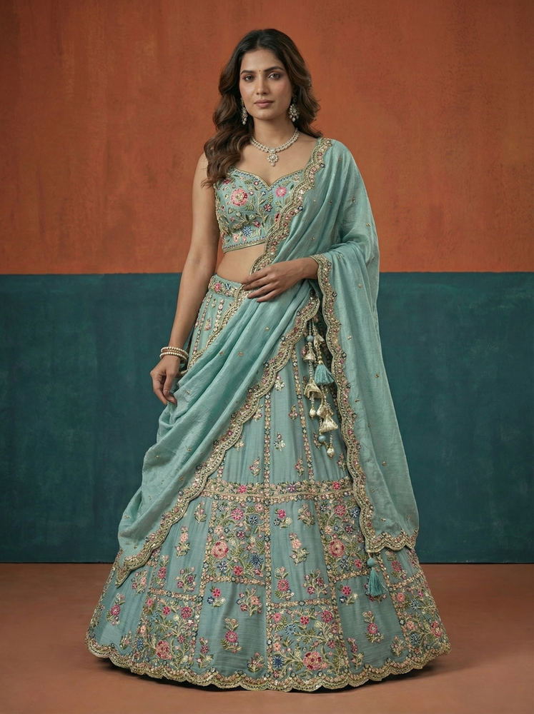 Seagreen - Chinon Sequins, Moti, Mirror and Thread Embroidered Semi-Stitched Lehenga