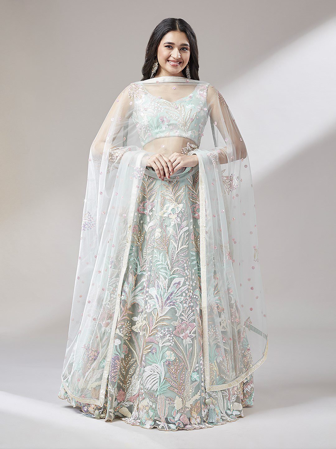 Lime Green Net Multi-Sequins Work Semi-Stitched Lehenga