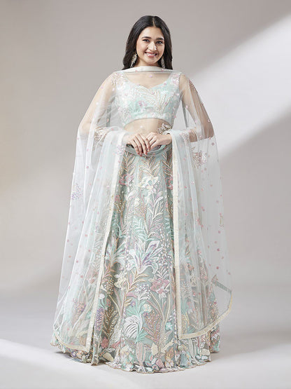Lime Green Net Multi-Sequins Work Semi-Stitched Lehenga