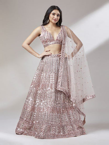 Rose Gold Net Mirror & Sequins embroidery Semi-Stitched Lehenga choli & Dupatta