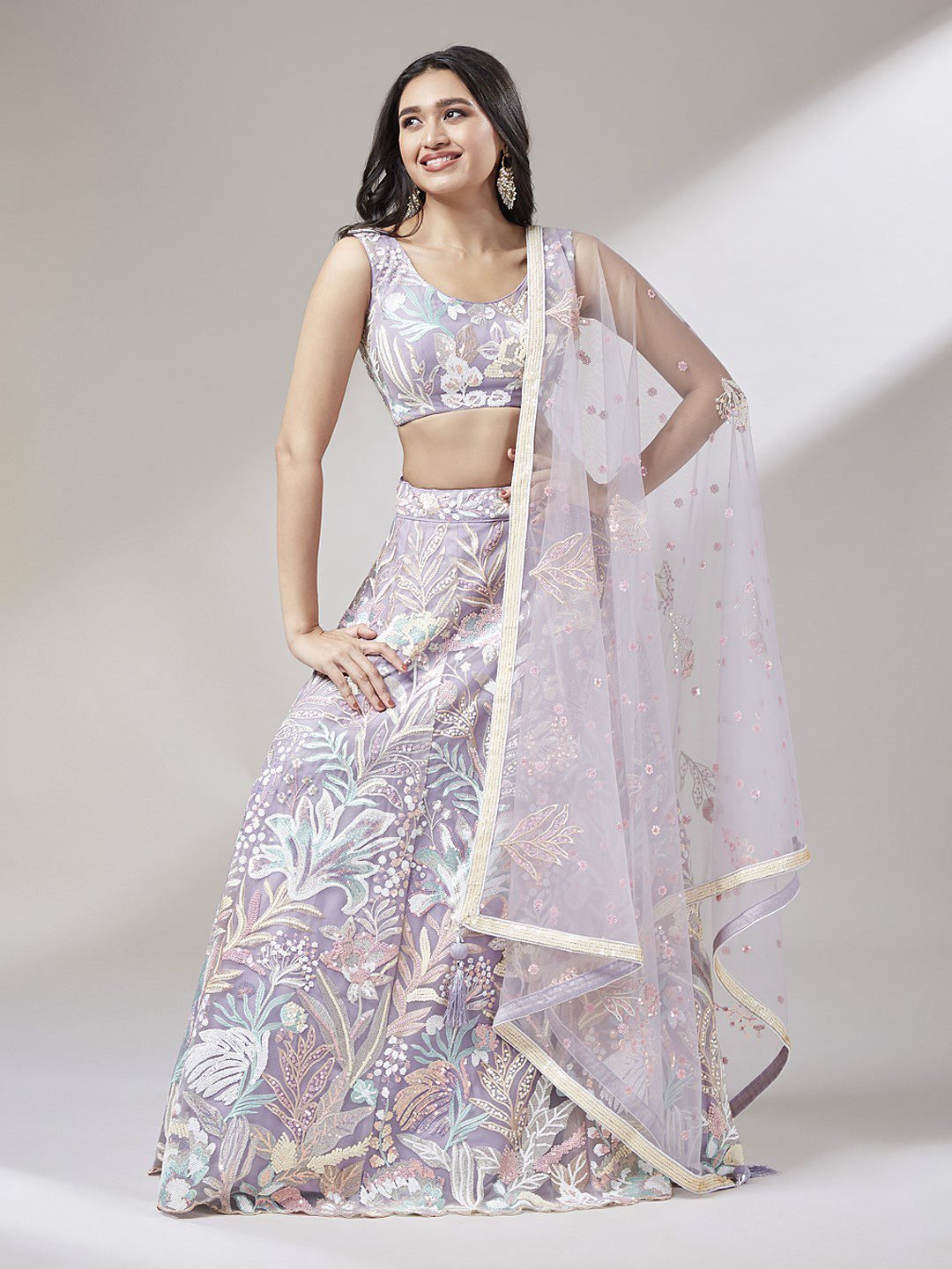 Net Multi-Sequins Work Semi-Stitched Lehenga Lavender