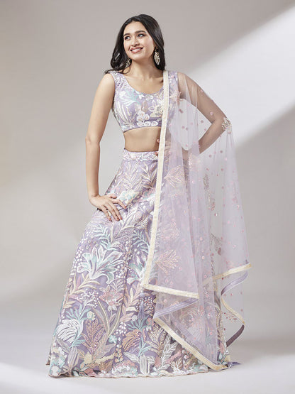 Net Multi-Sequins Work Semi-Stitched Lehenga Lavender