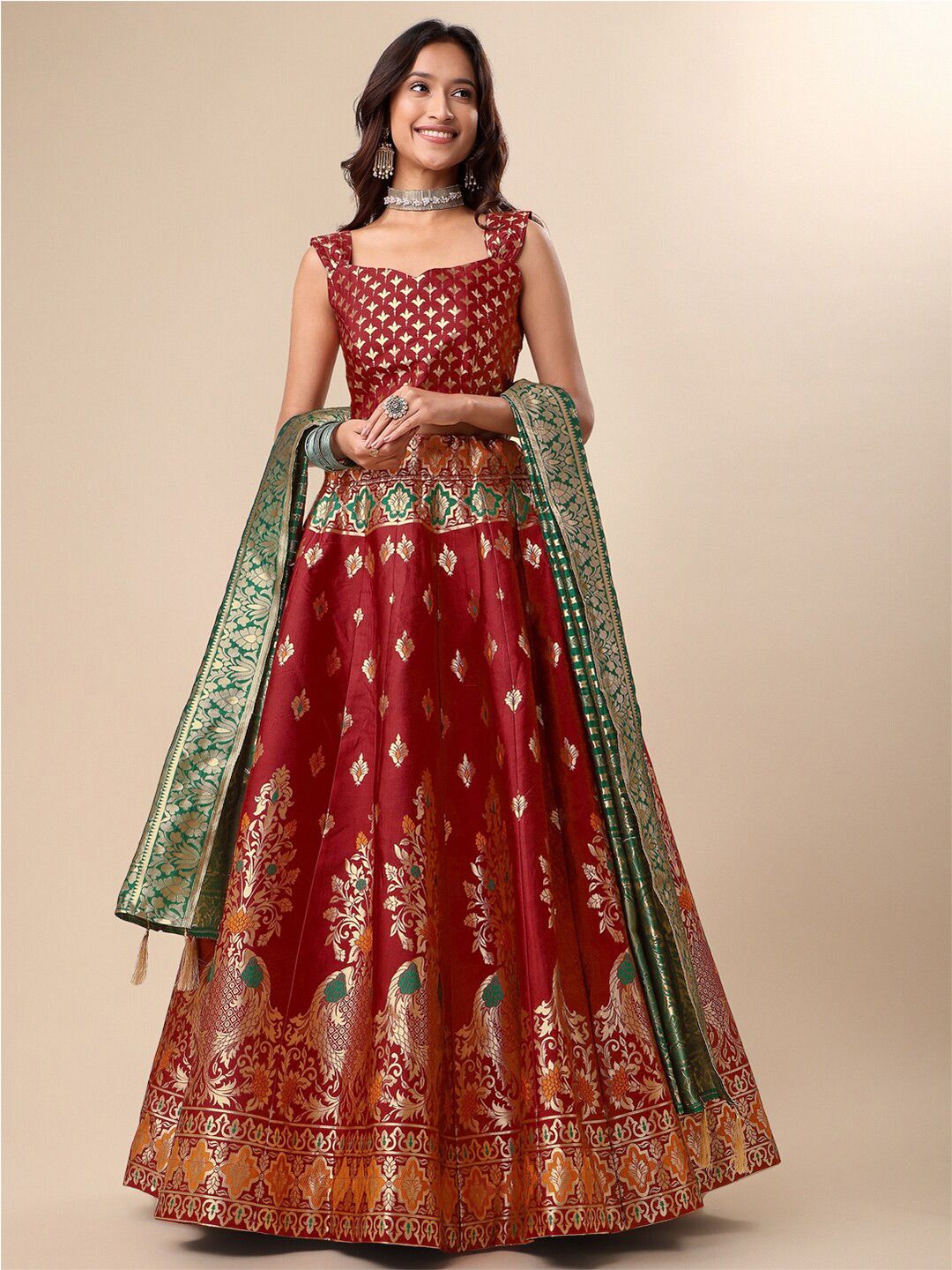 Ready to Wear Lehenga & Unstitched Blouse With Dupatta - Red & Green