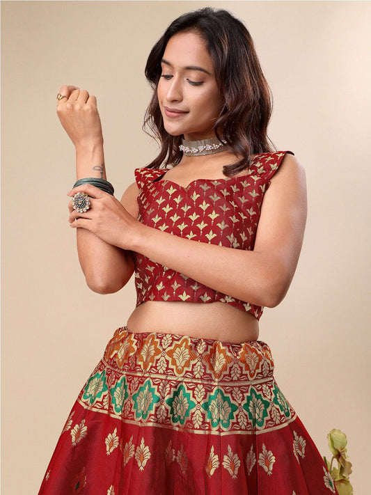 Ready to Wear Lehenga & Unstitched Blouse With Dupatta - Red & Green